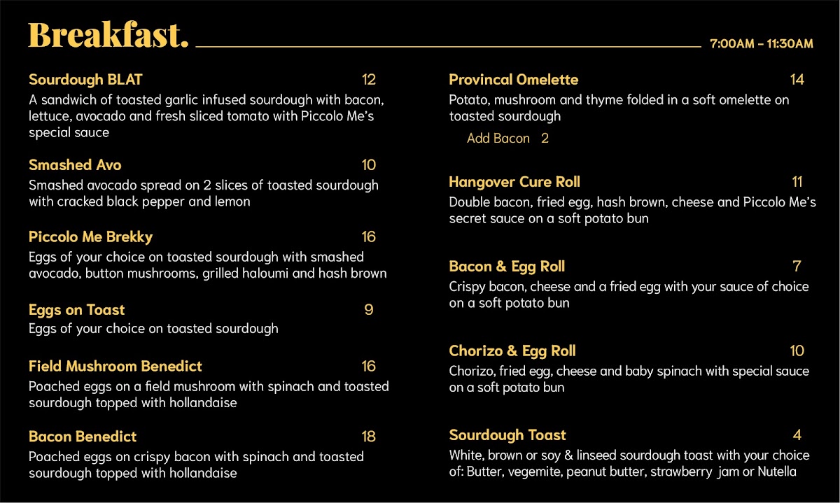 Piccolo Me ICW Wollongong menu board