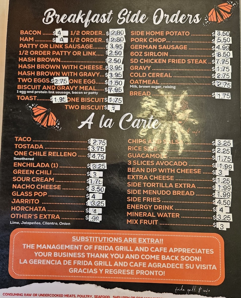 FRIDA Food Truck menu board