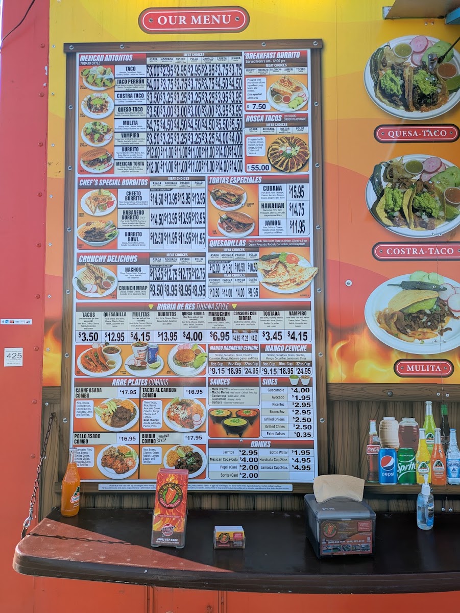 El Habanero Mexican Taqueria menu board