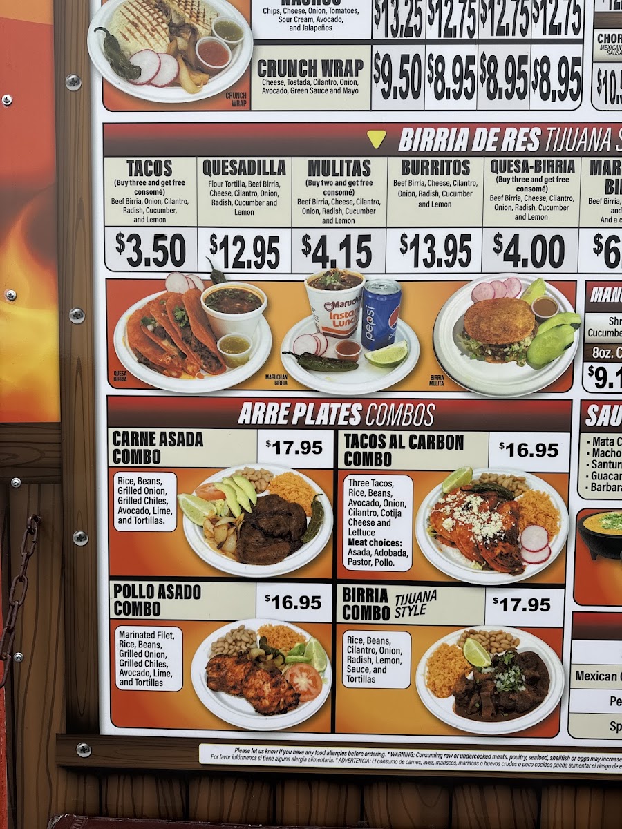 El Habanero Mexican Taqueria menu board