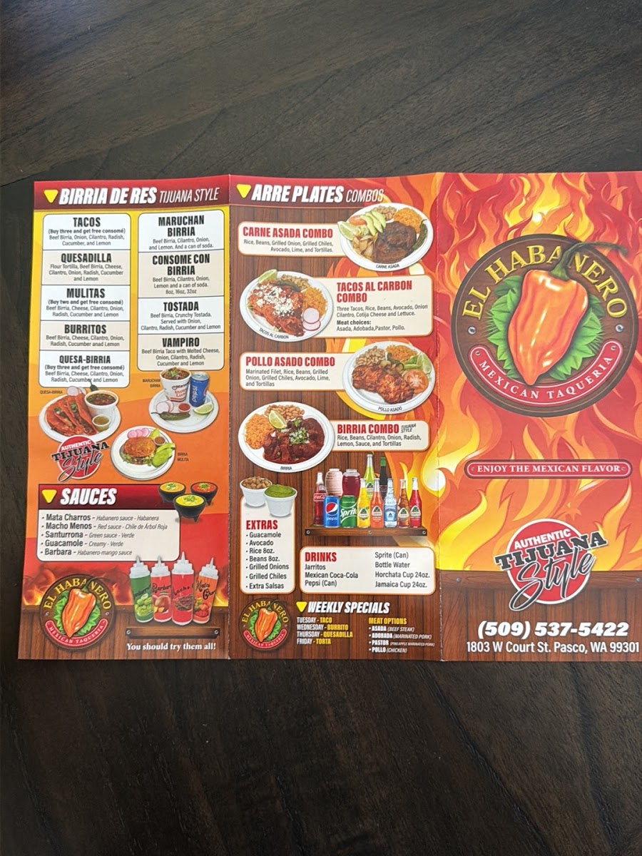 El Habanero Mexican Taqueria menu board