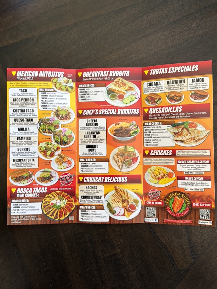 El Habanero Mexican Taqueria menu board