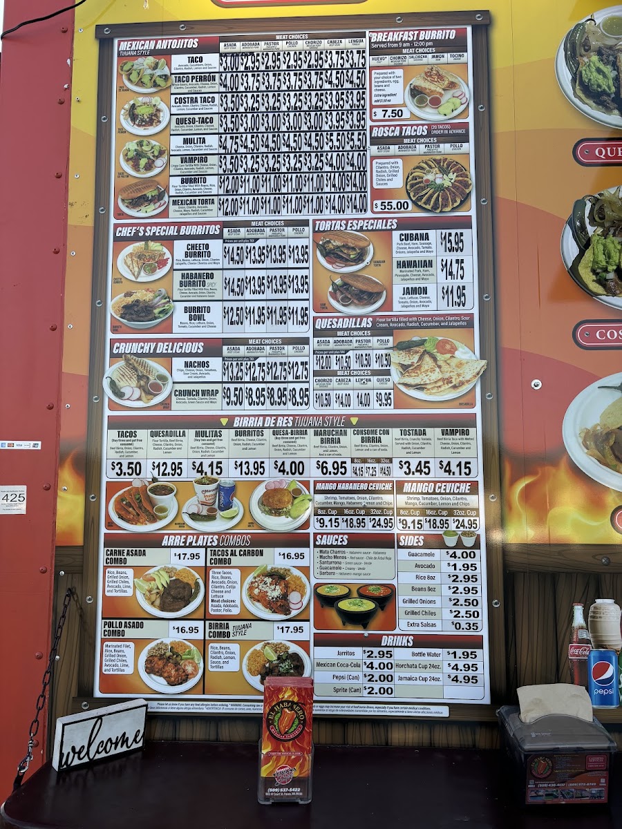 El Habanero Mexican Taqueria menu board