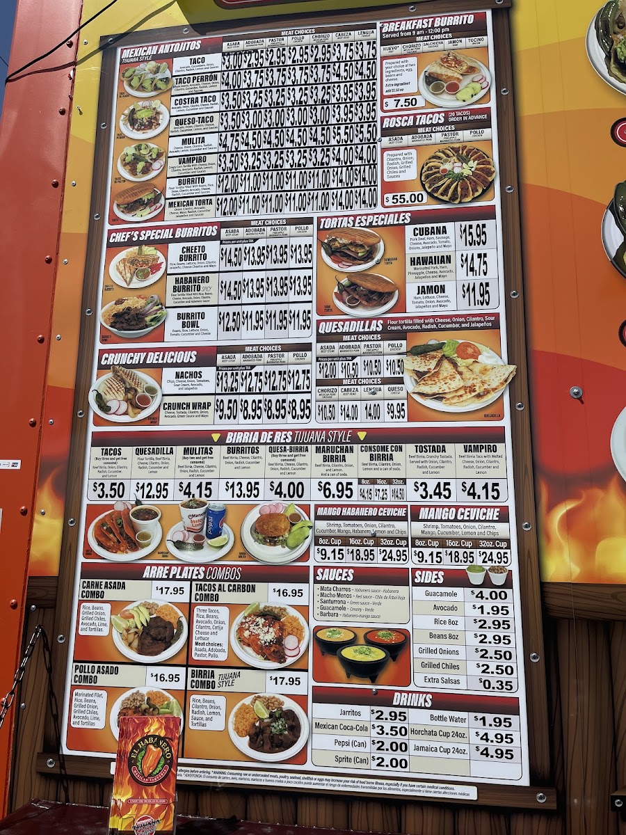 El Habanero Mexican Taqueria menu board