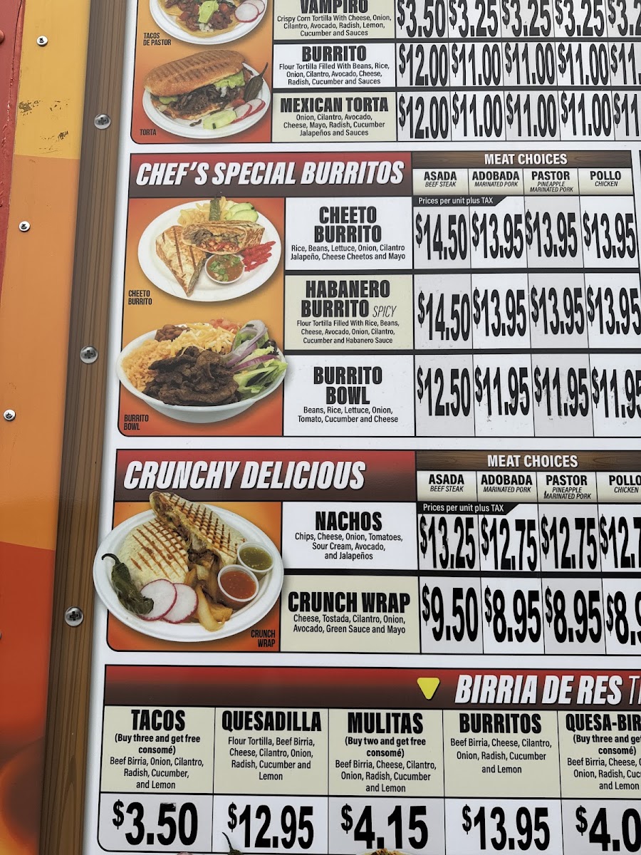 El Habanero Mexican Taqueria menu board