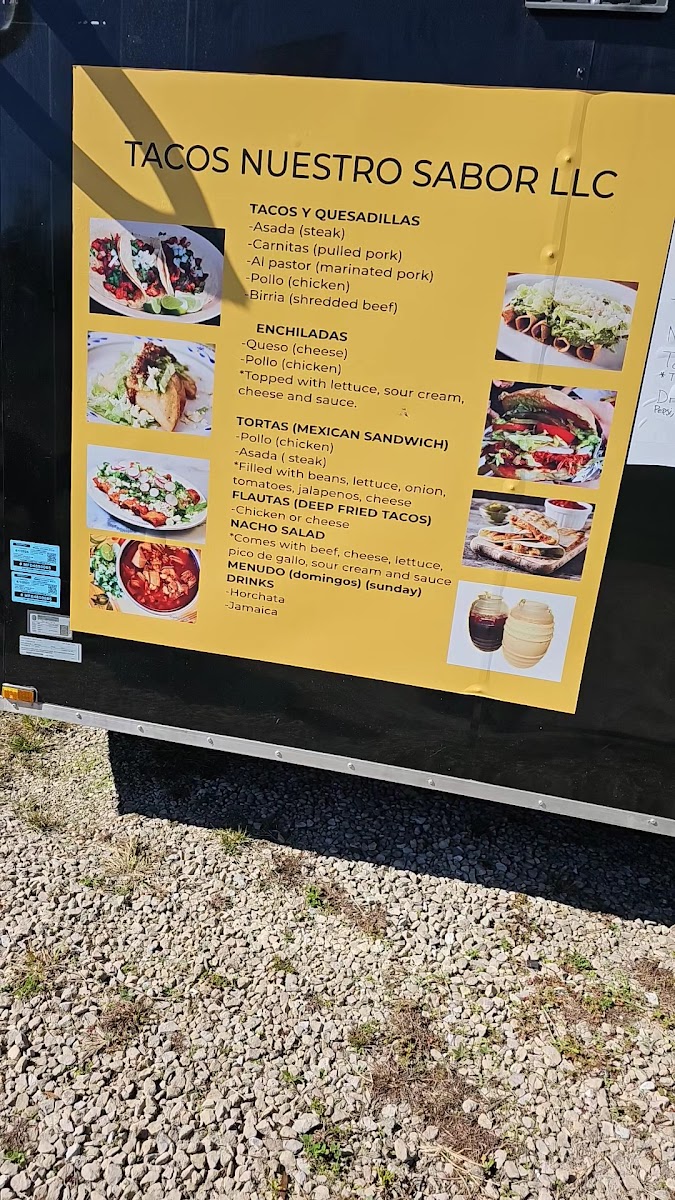 Tacos Nuestro Sabor menu board