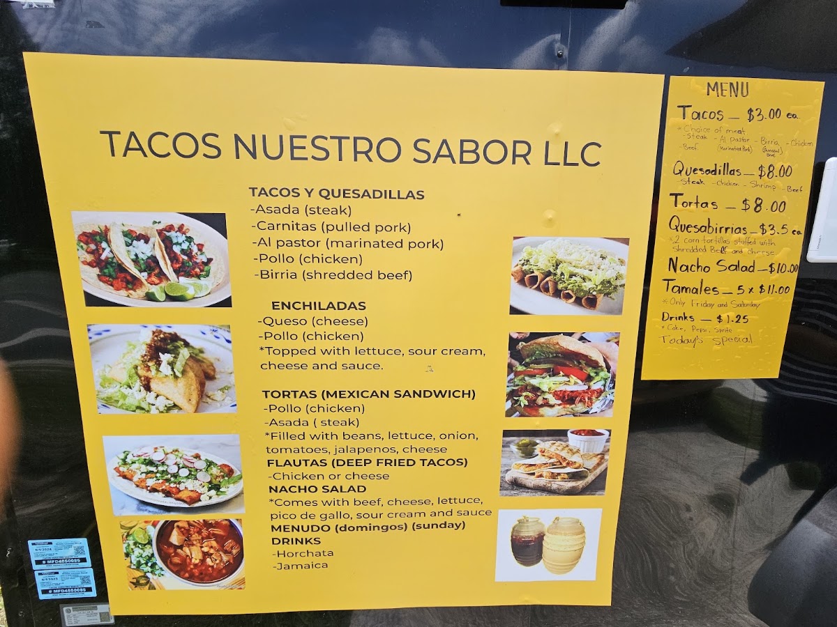 Tacos Nuestro Sabor menu board