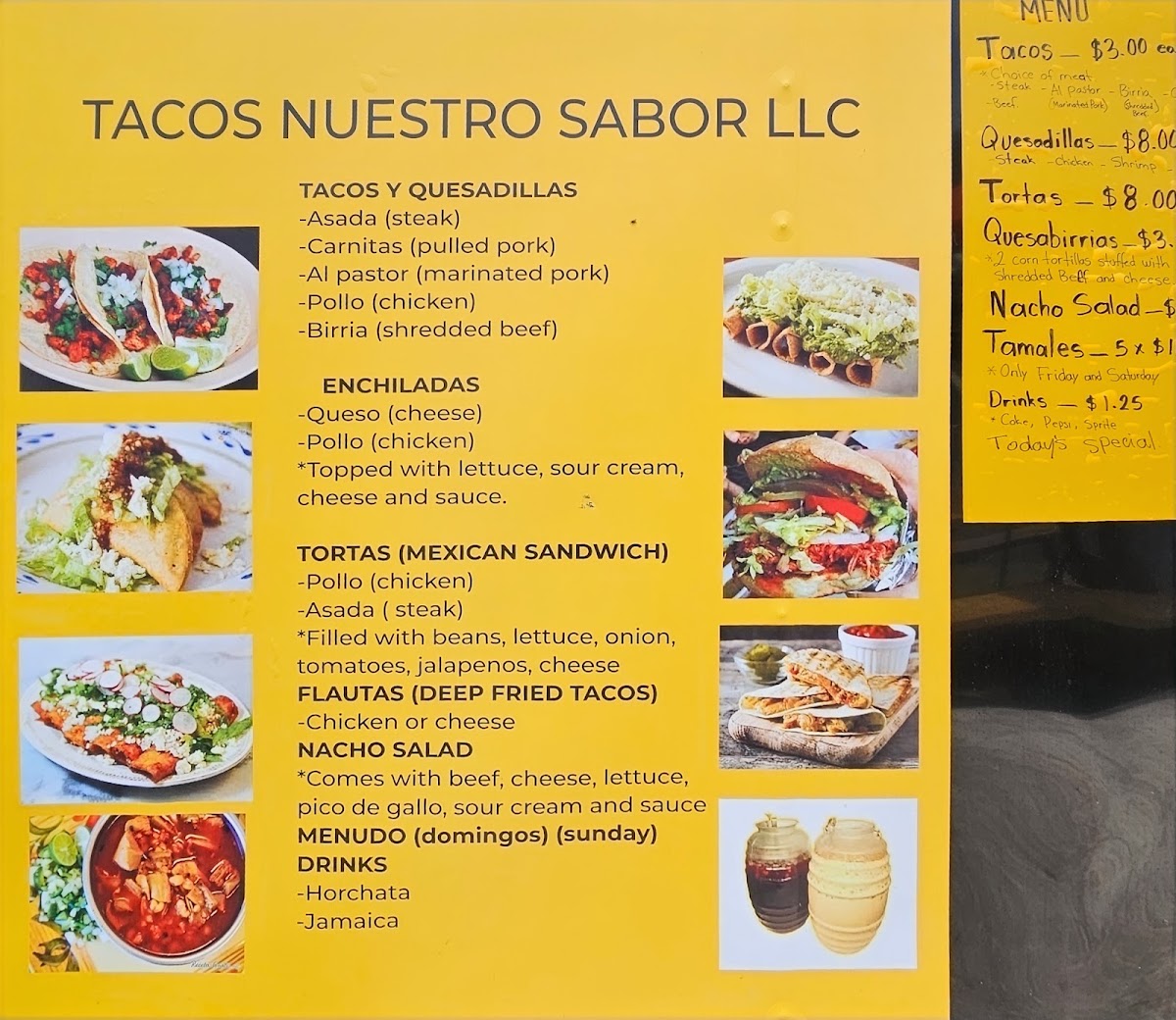 Tacos Nuestro Sabor menu board
