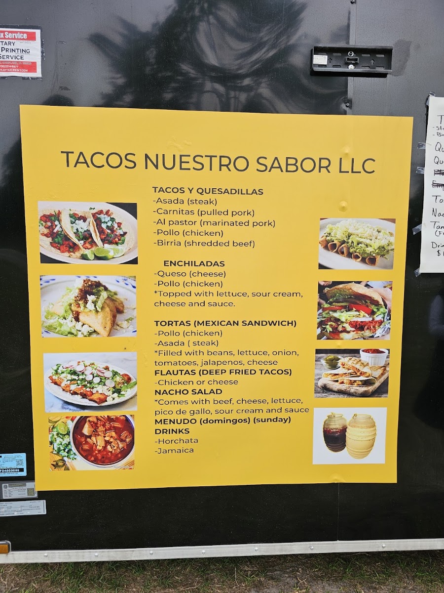 Tacos Nuestro Sabor menu board