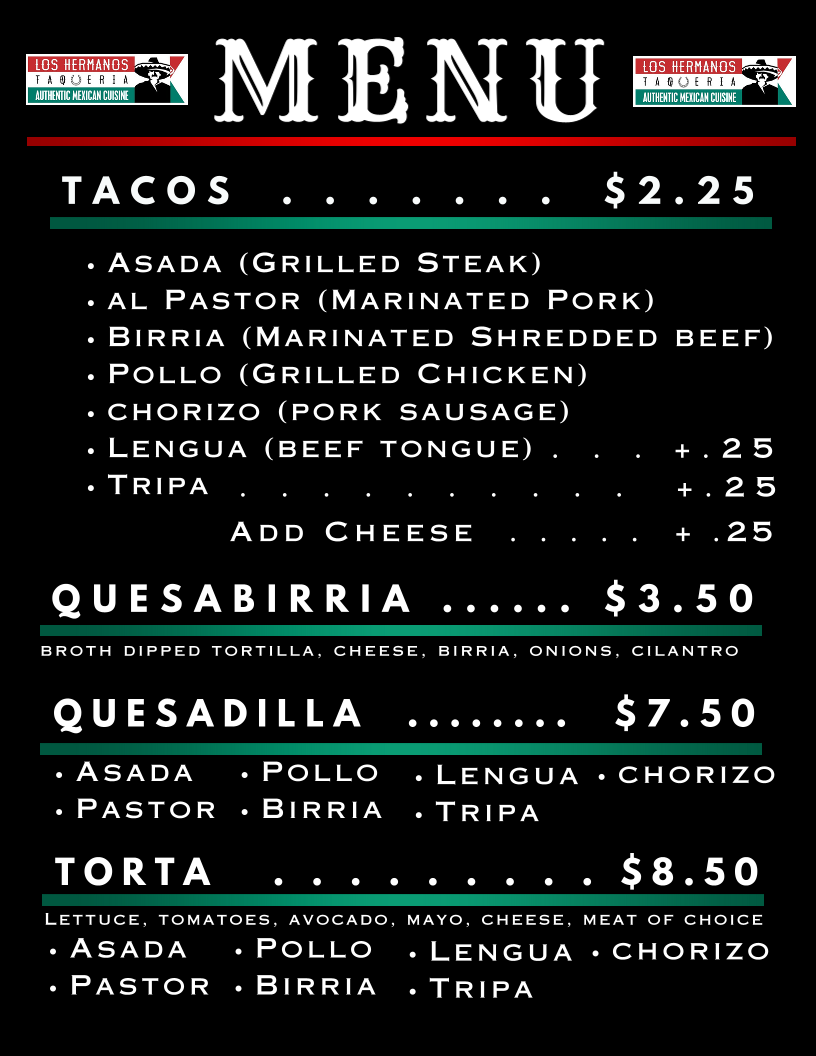 Los Hermanos Taqueria menu board