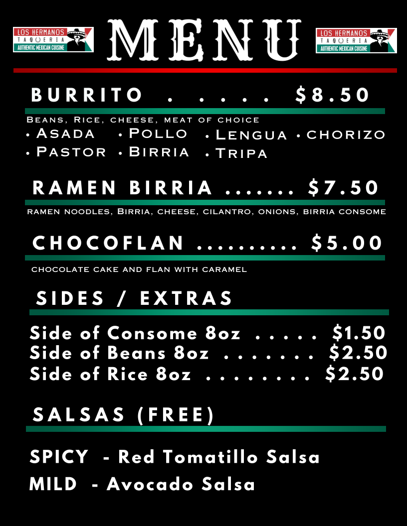 Los Hermanos Taqueria menu board