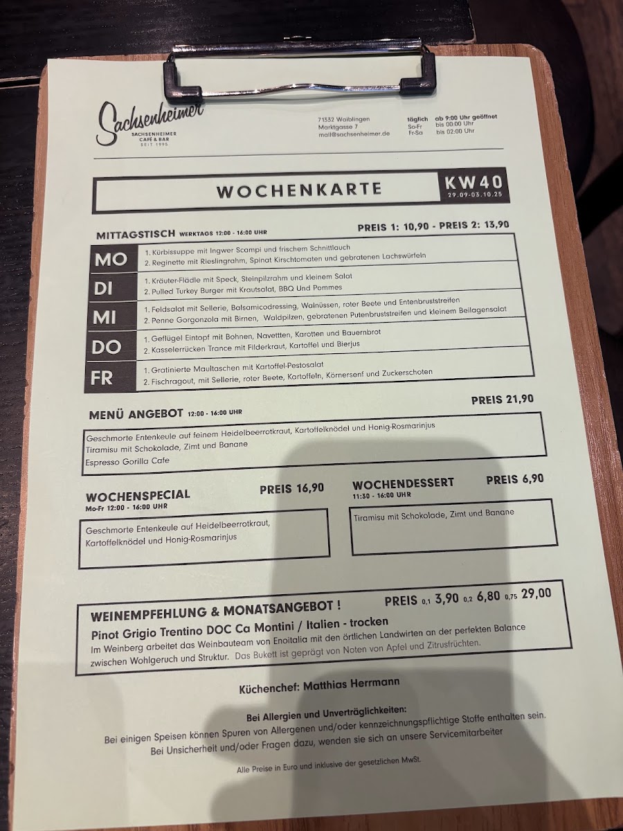 Cafe Bar Sachsenheimer menu board