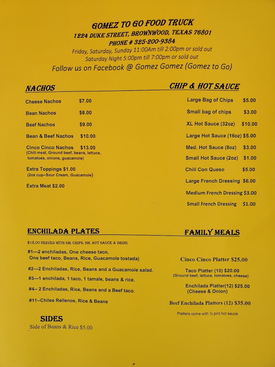 Gomez To Go , Food Truck menu board