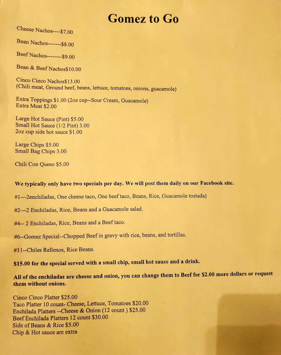 Gomez To Go , Food Truck menu board