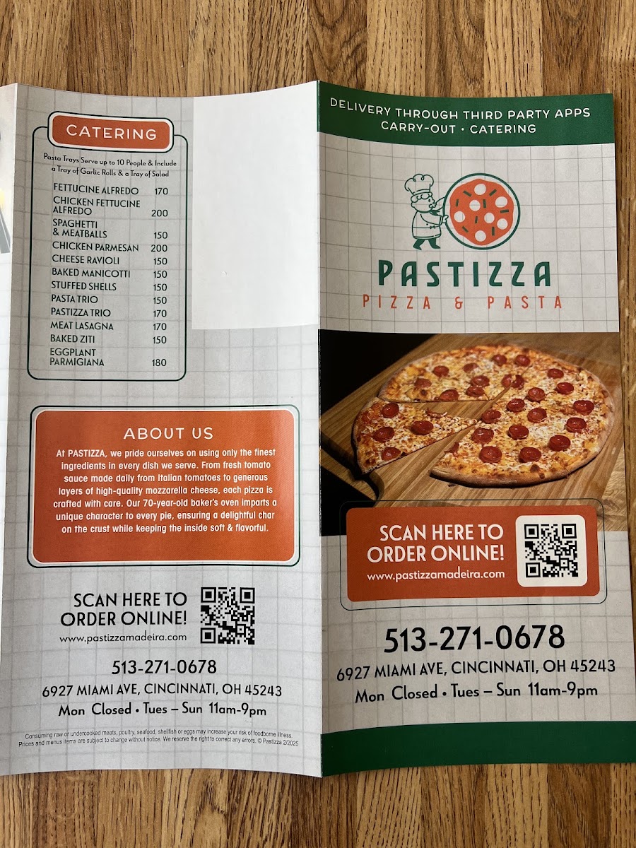 Pastizza's Pizza and Pasta menu board