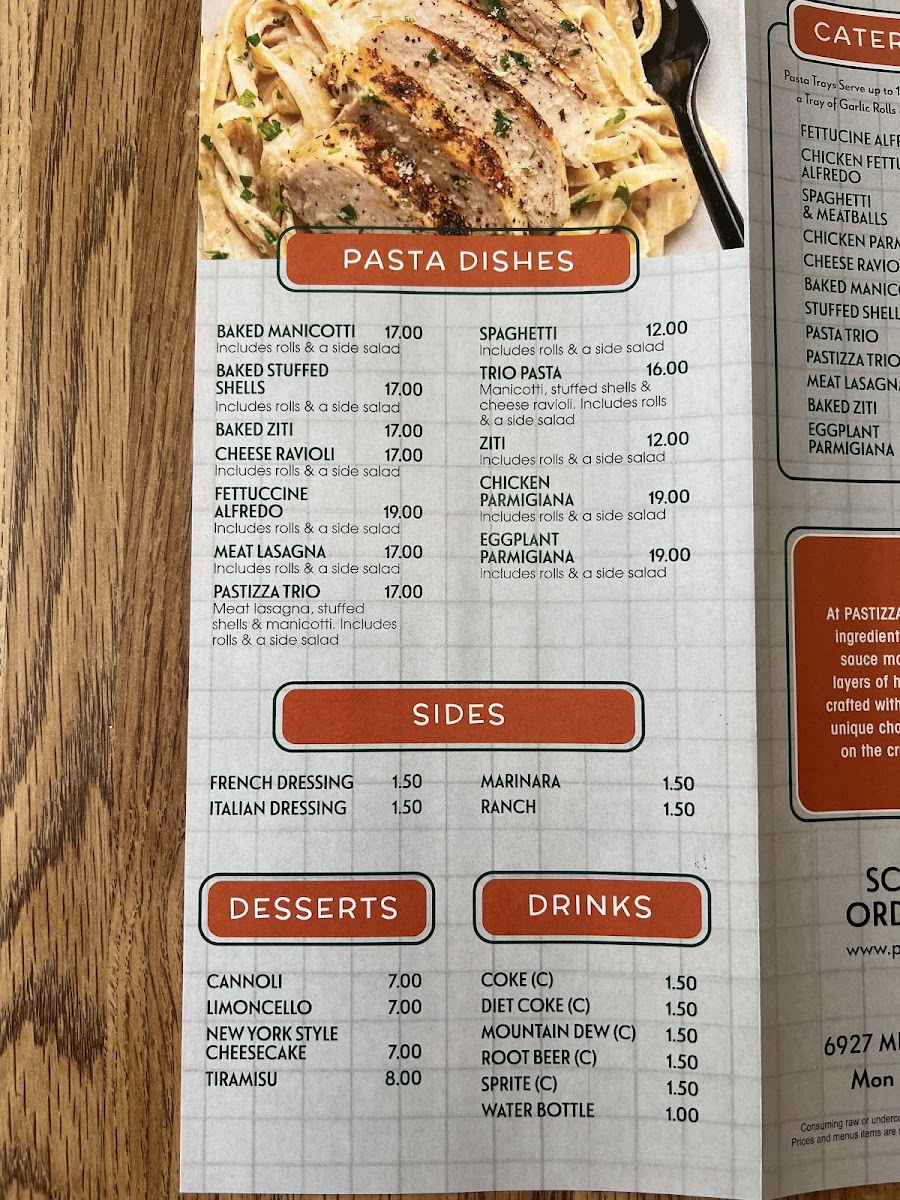 Pastizza's Pizza and Pasta menu board