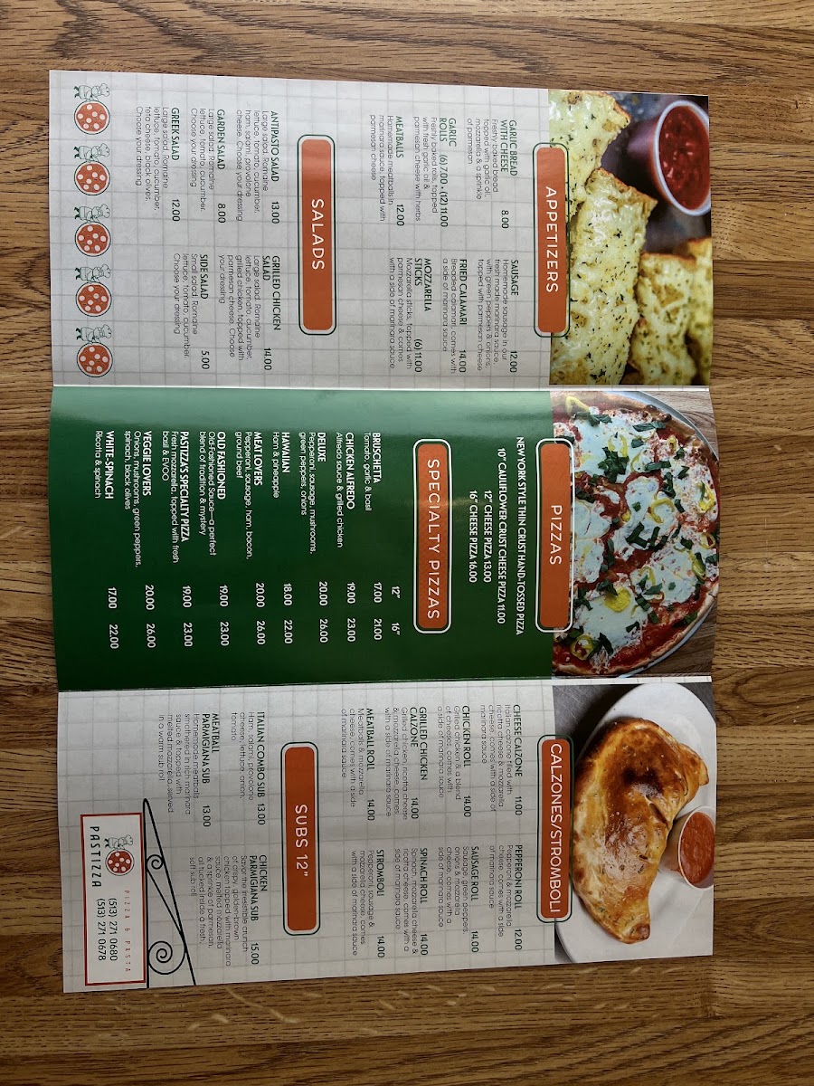 Pastizza's Pizza and Pasta menu board