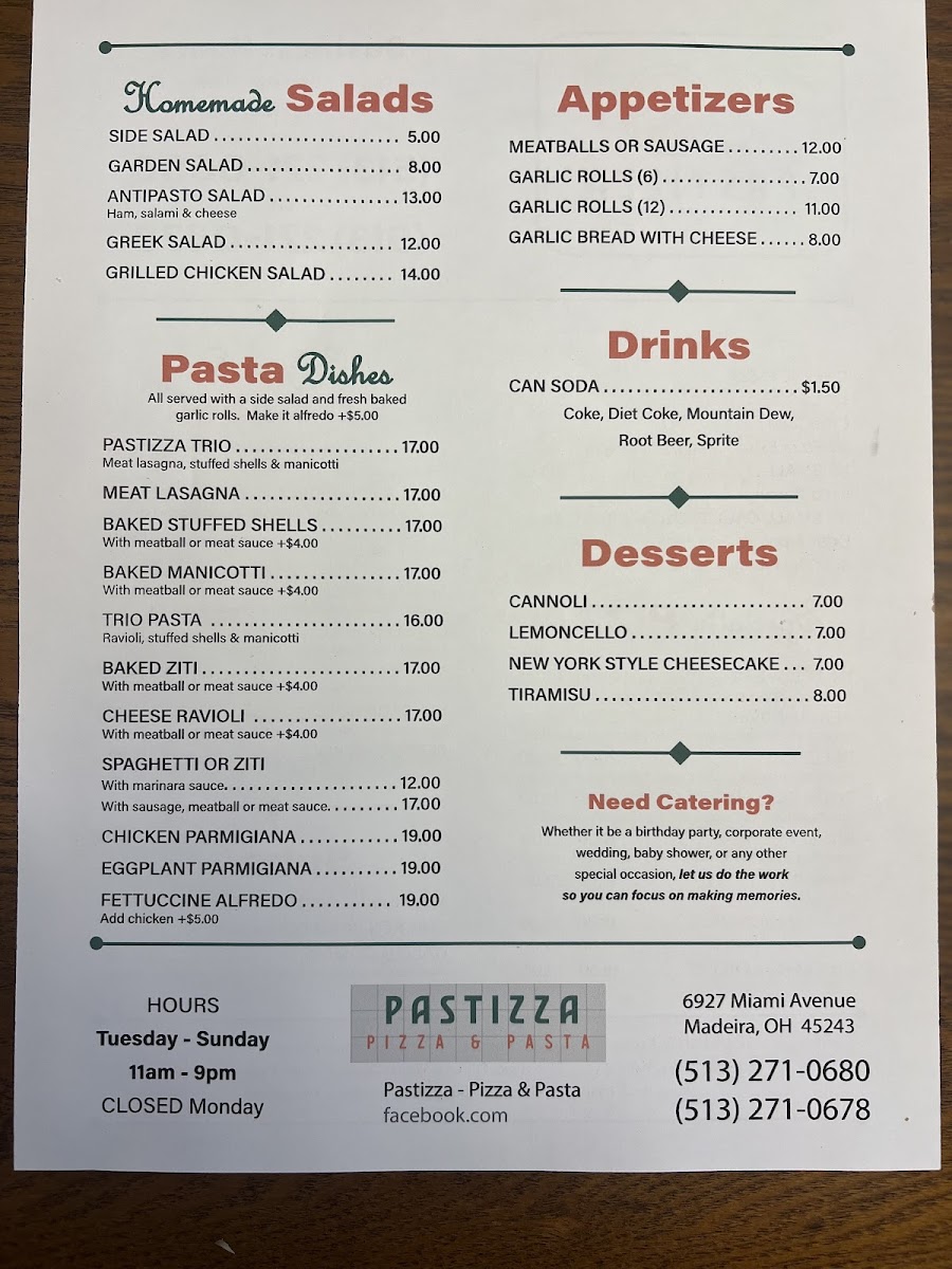 Pastizza's Pizza and Pasta menu board
