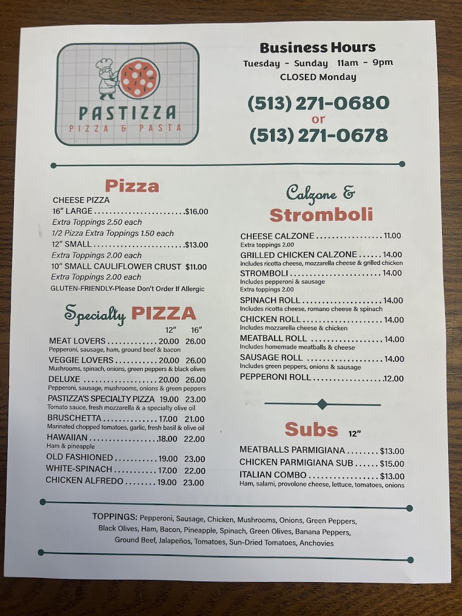 Pastizza's Pizza and Pasta menu board