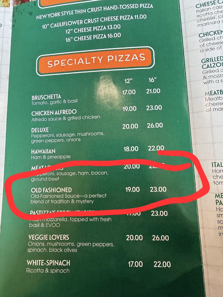 Pastizza's Pizza and Pasta menu board