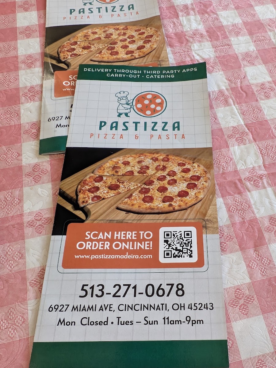 Pastizza's Pizza and Pasta menu board