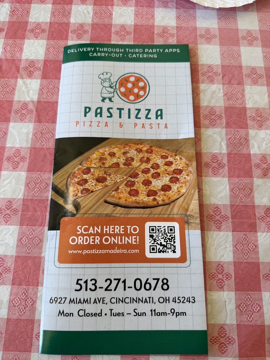Pastizza's Pizza and Pasta menu board