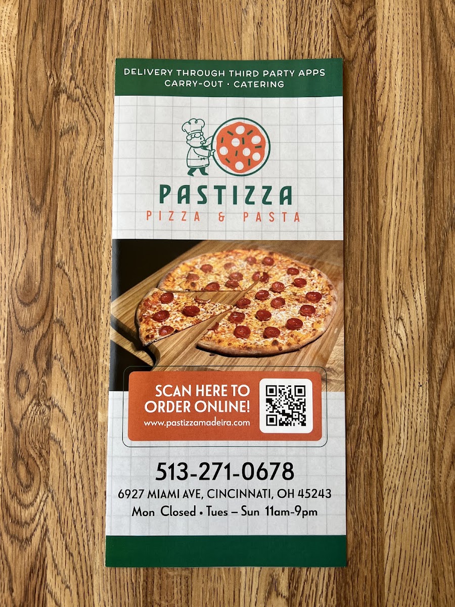 Pastizza's Pizza and Pasta menu board