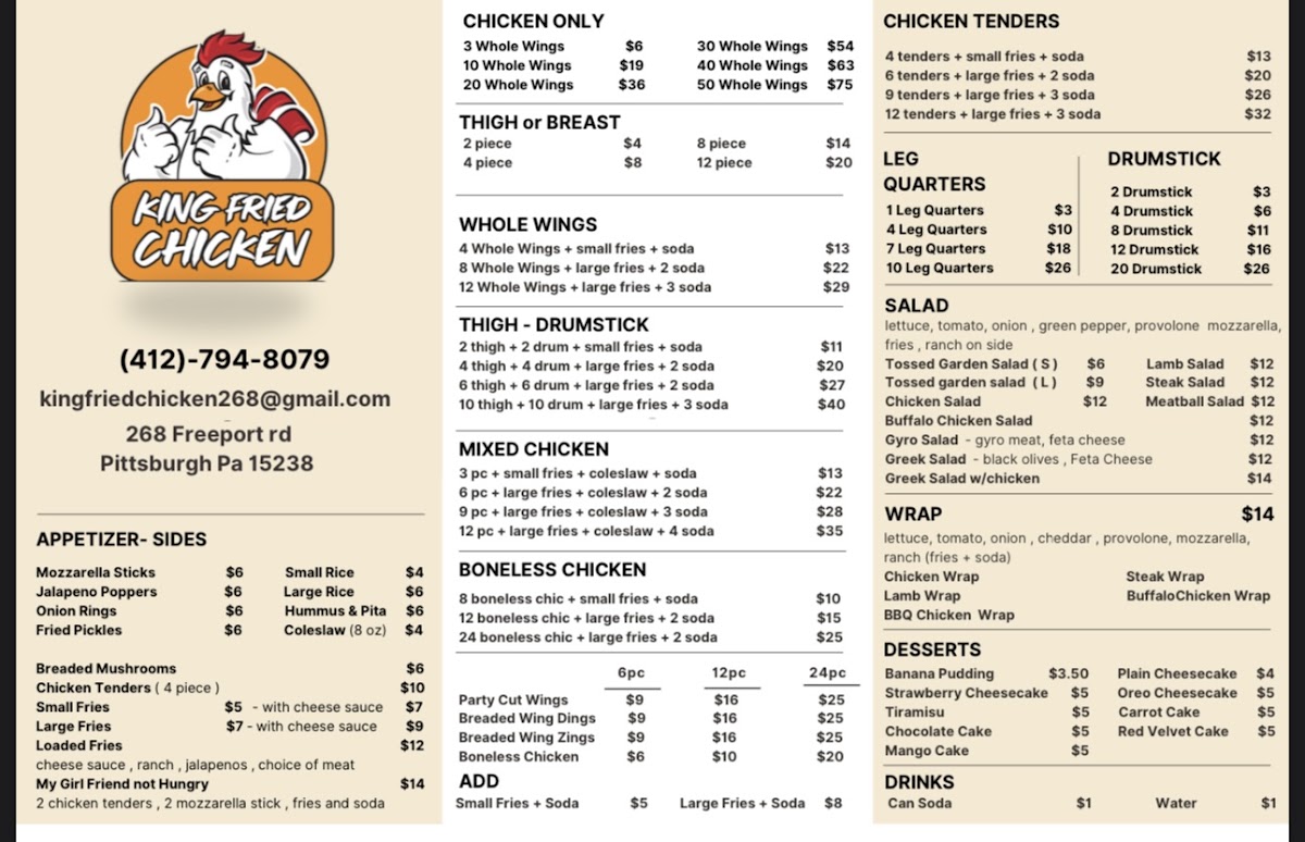 King Fried Chicken - Blawnox menu board