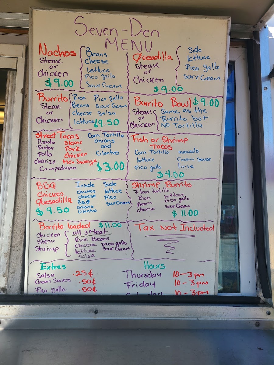 Seven Den Tacos menu board