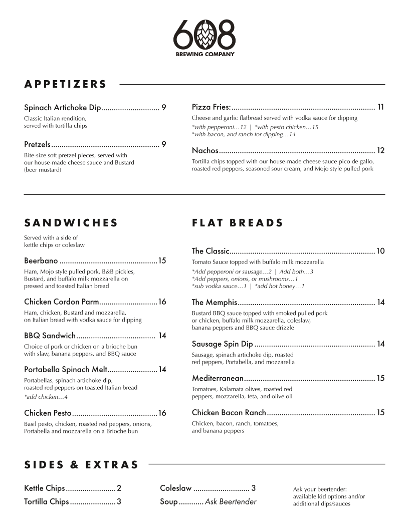 608 Brewing Company Taproom & Kitchen menu board