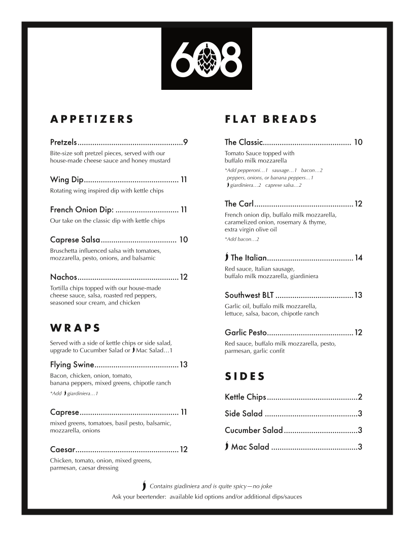 608 Brewing Company Taproom & Kitchen menu board