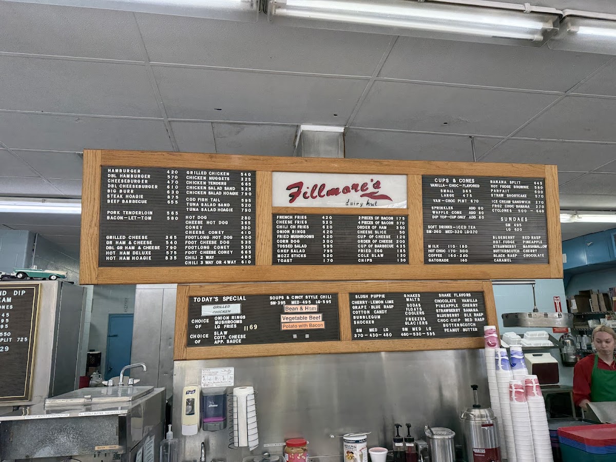 Fillmore's Dairy Hut menu board