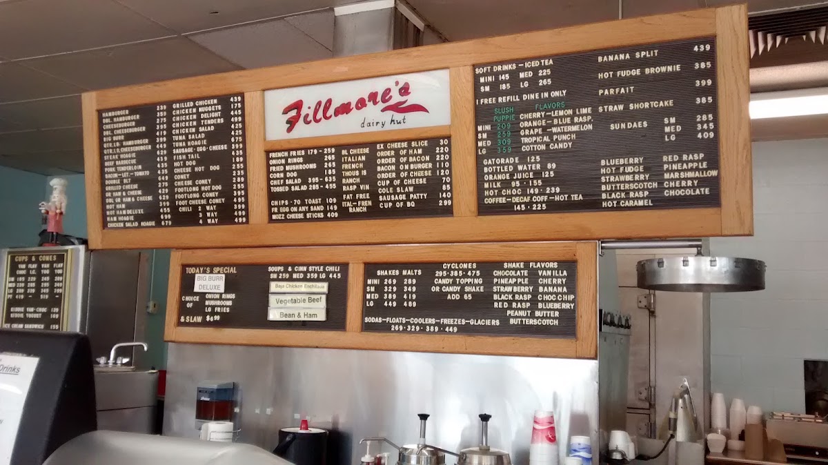 Fillmore's Dairy Hut menu board