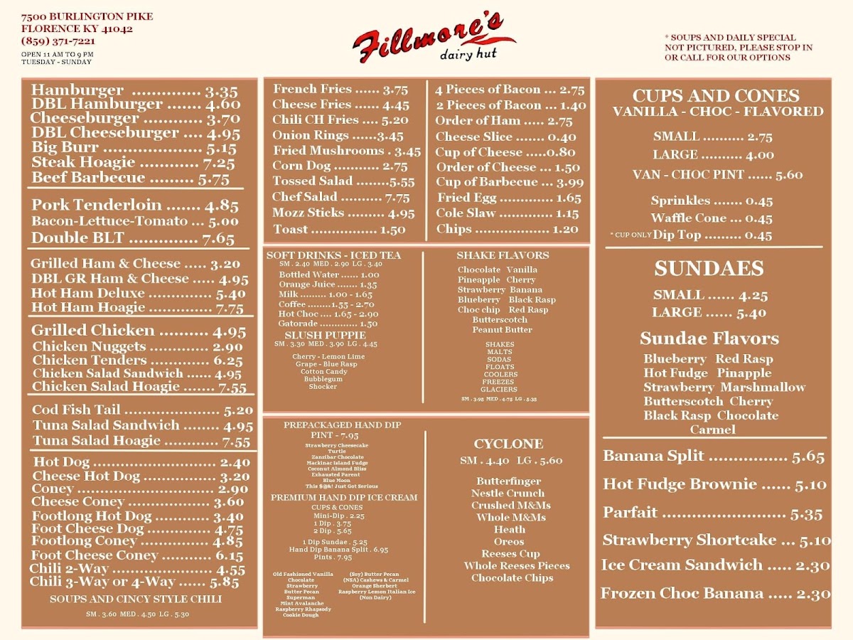 Fillmore's Dairy Hut menu board