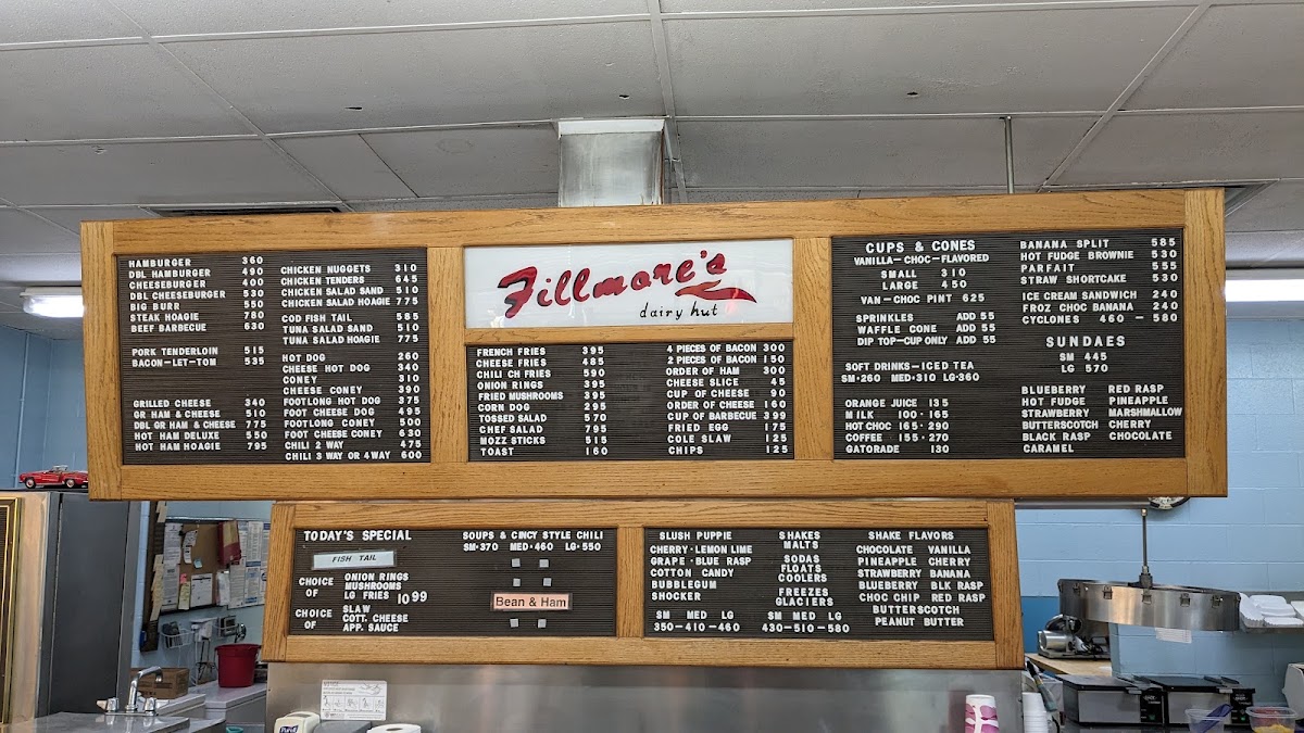 Fillmore's Dairy Hut menu board