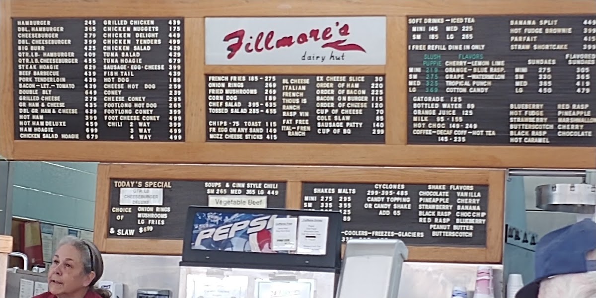 Fillmore's Dairy Hut menu board