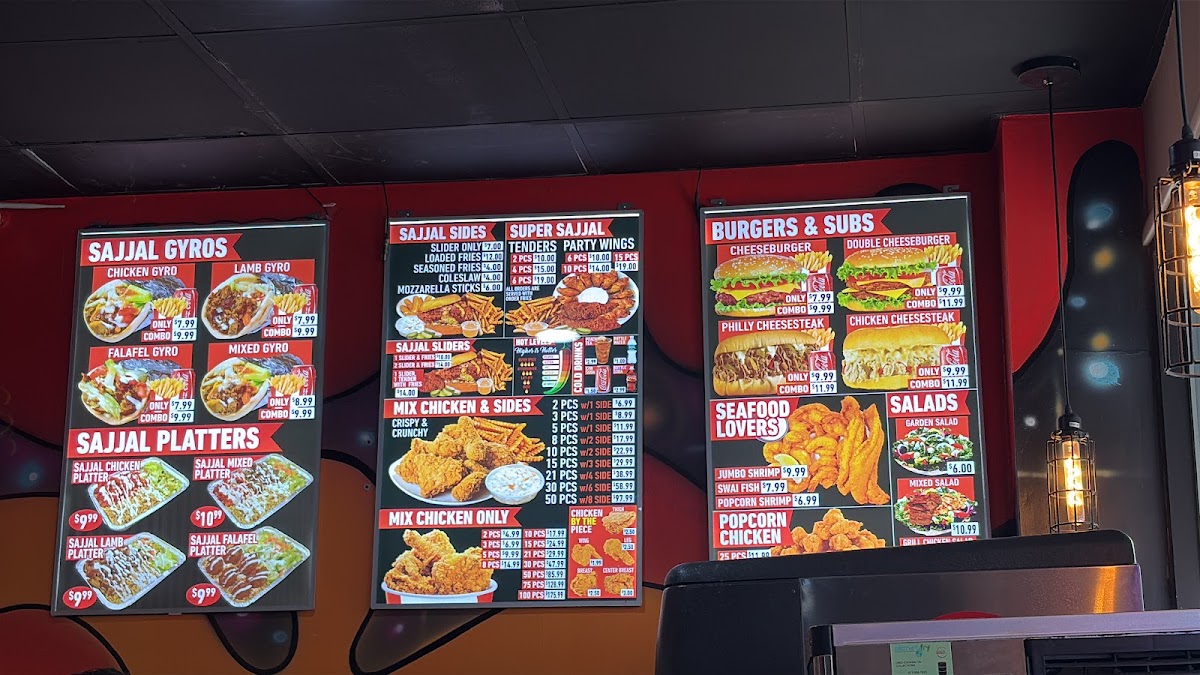 Sajal Hot Chicken & Gyro Grill menu board