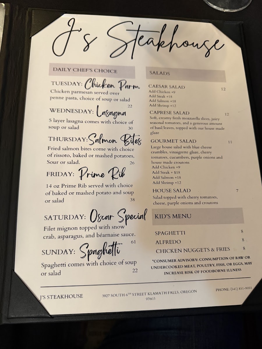 J's Steakhouse menu board