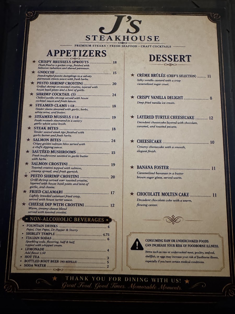 J's Steakhouse menu board