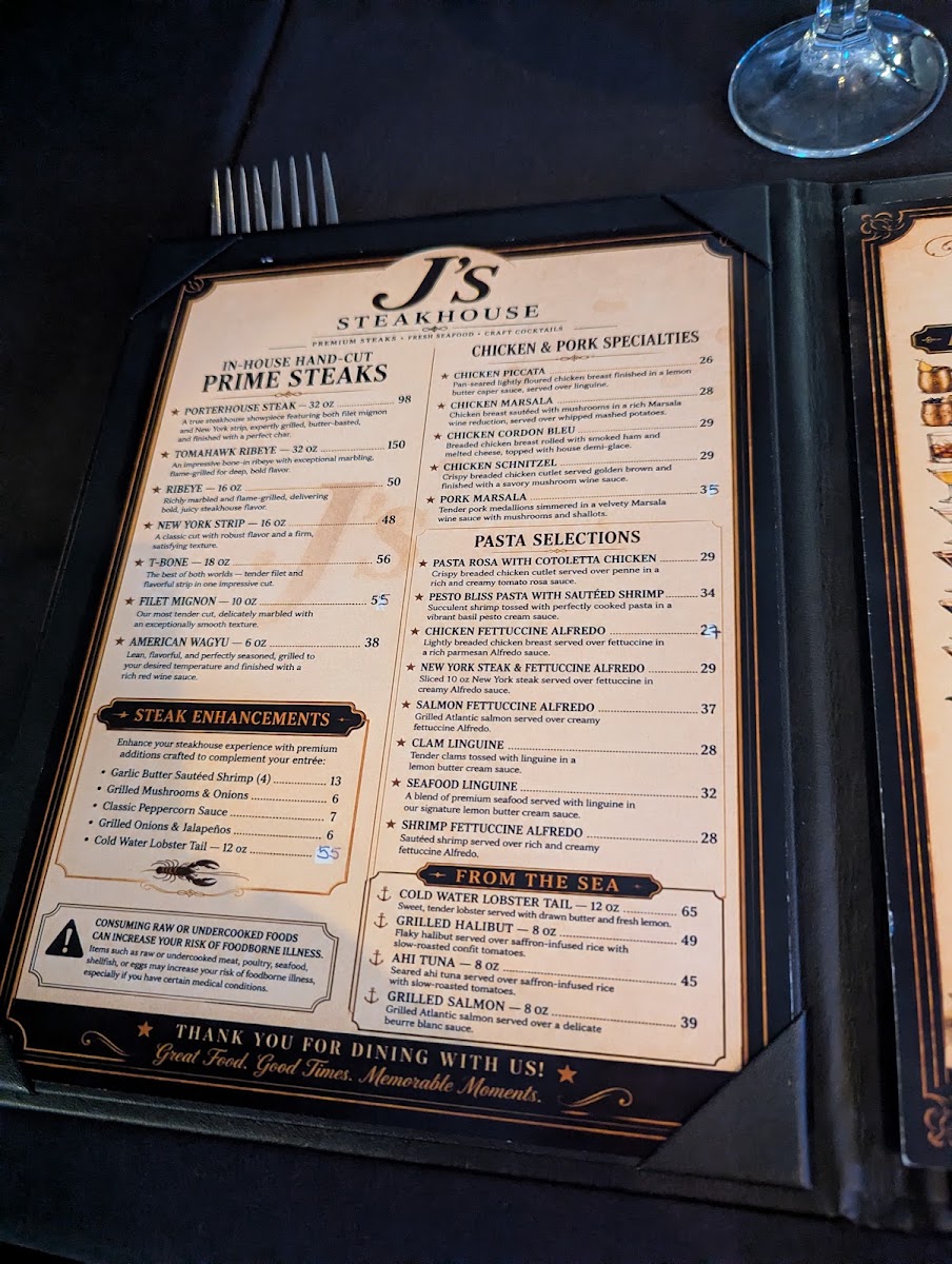 J's Steakhouse menu board