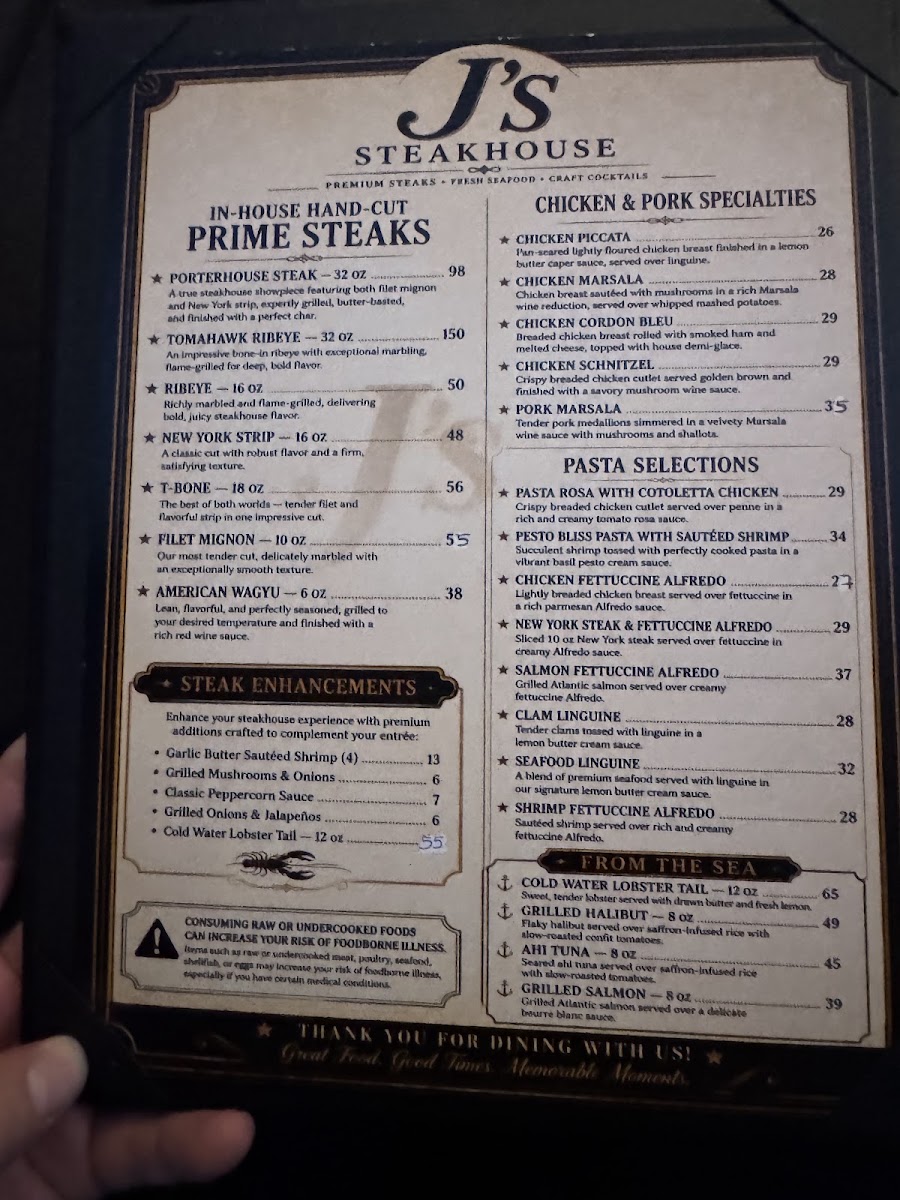 J's Steakhouse menu board