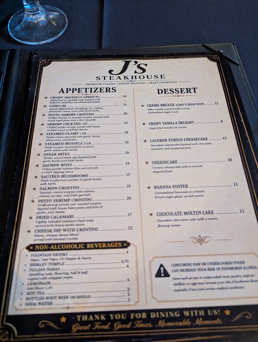 J's Steakhouse menu board