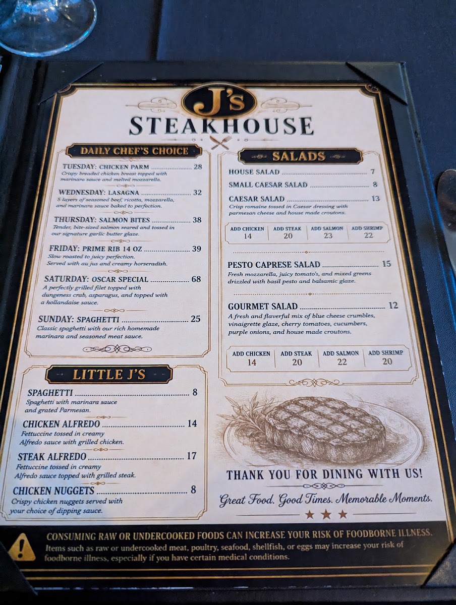 J's Steakhouse menu board