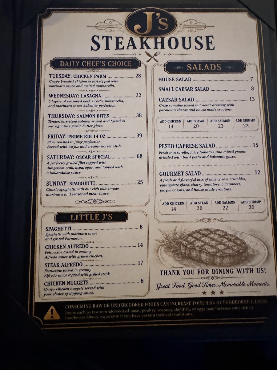 J's Steakhouse menu board