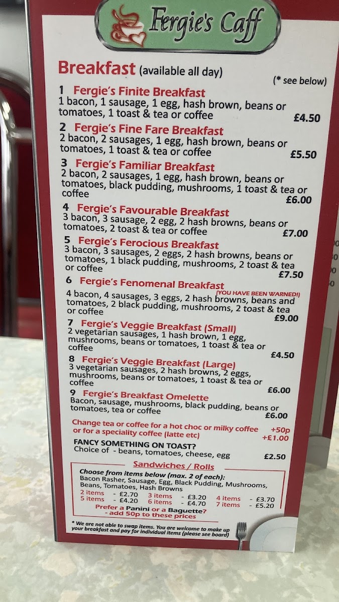 Fergie's Cafe menu board