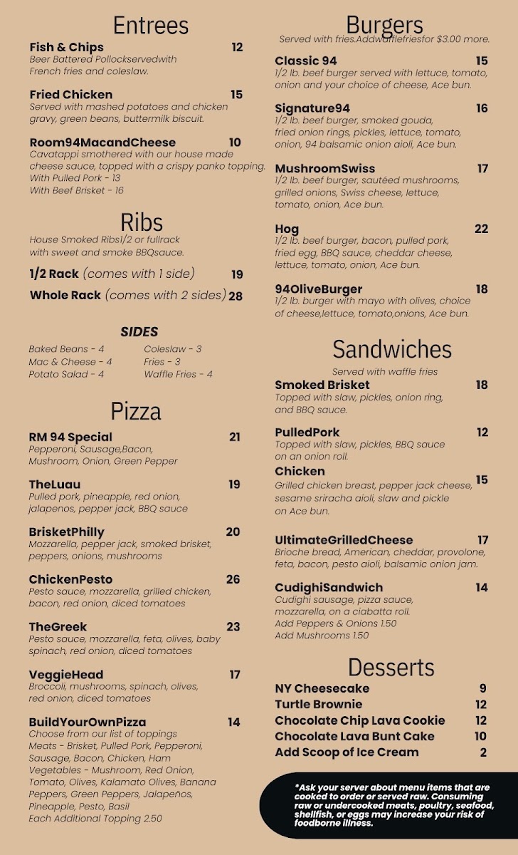 Room 94 Taps & Bourbon menu board