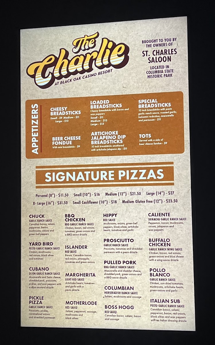 The Charlie | Black Oak Casino Resort menu board