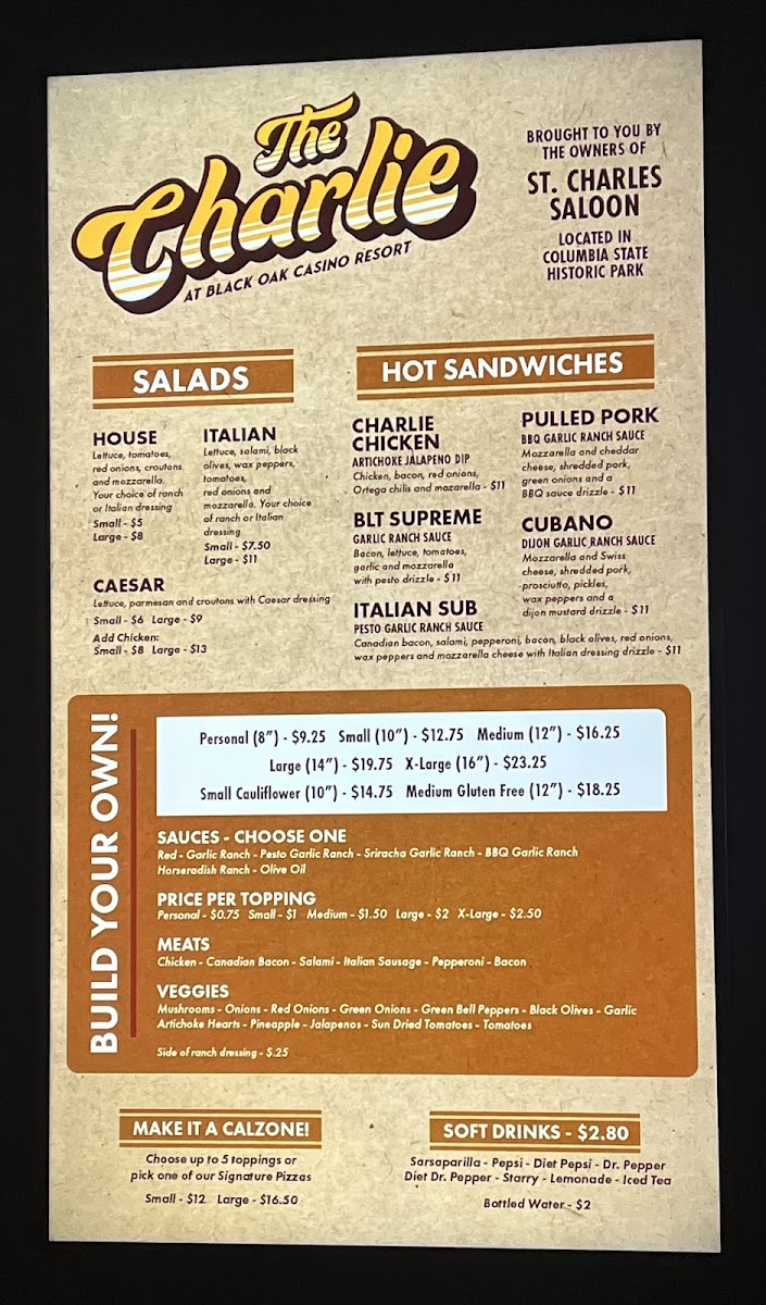 The Charlie | Black Oak Casino Resort menu board