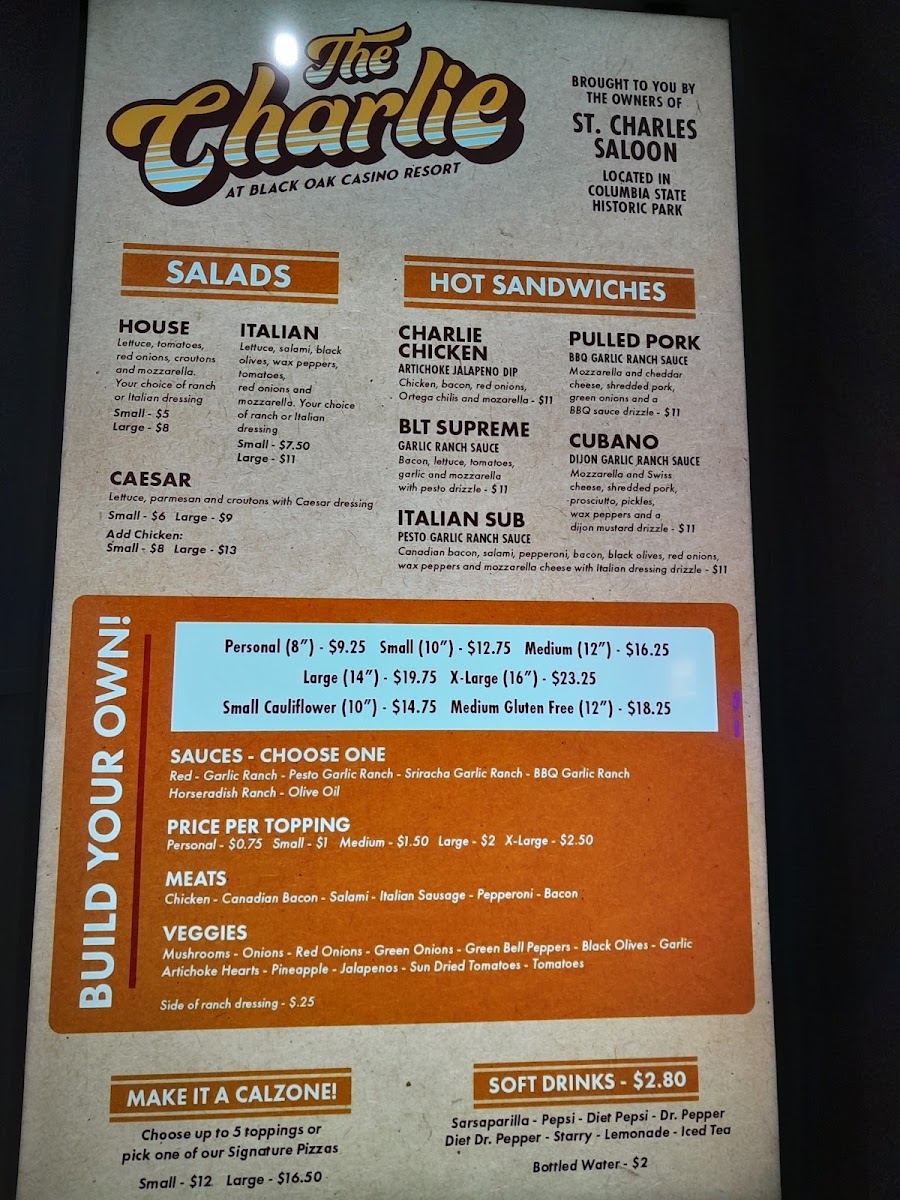 The Charlie | Black Oak Casino Resort menu board