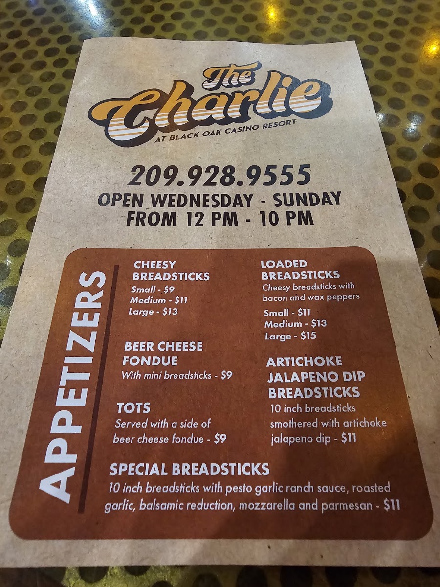 The Charlie | Black Oak Casino Resort menu board